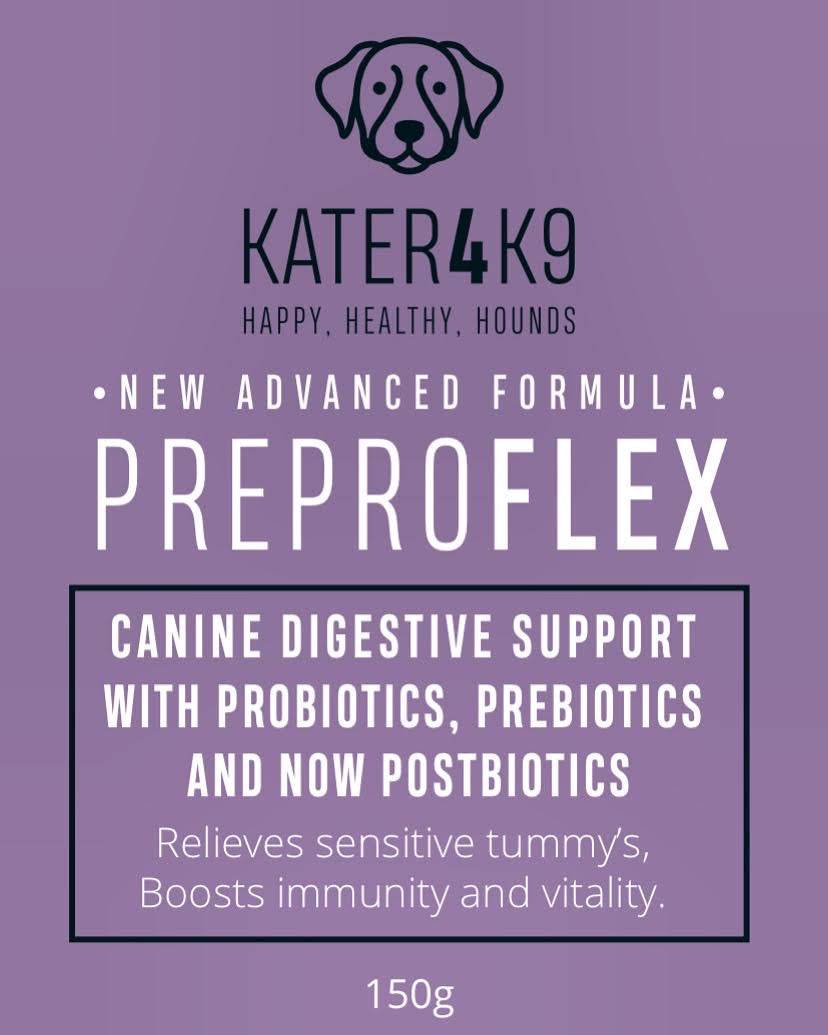 Packaging label for PreproFlex Advanced, a canine digestive health supplement, showing the brand name and product name with benefits listed, including 'Relieves sensitive tummies, Boosts immunity and vitality.'.
