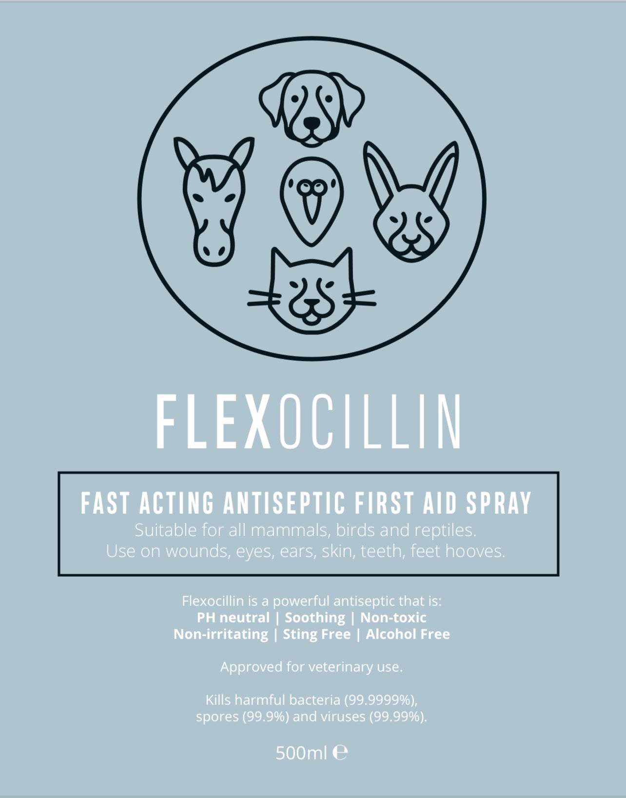Flexocillin first aid spray. Veterinary Strength. 500ml. (Like Leucillin)