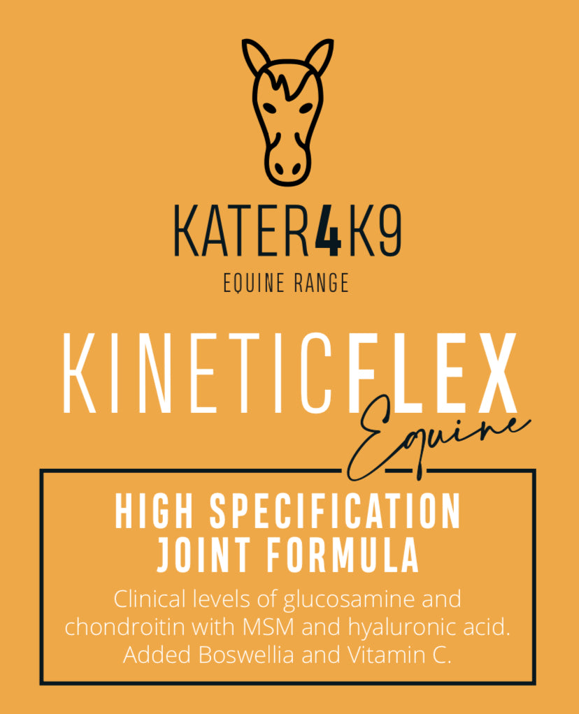 Packaging for KineticFlex Equine joint supplement, featuring product name and key ingredients such as Glucosamine and Boswellia.